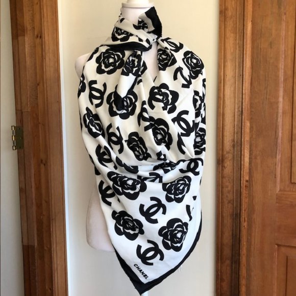 CHANEL CC Camellia Print Black White Silk Scarf Large Square - Picture 7 of 17